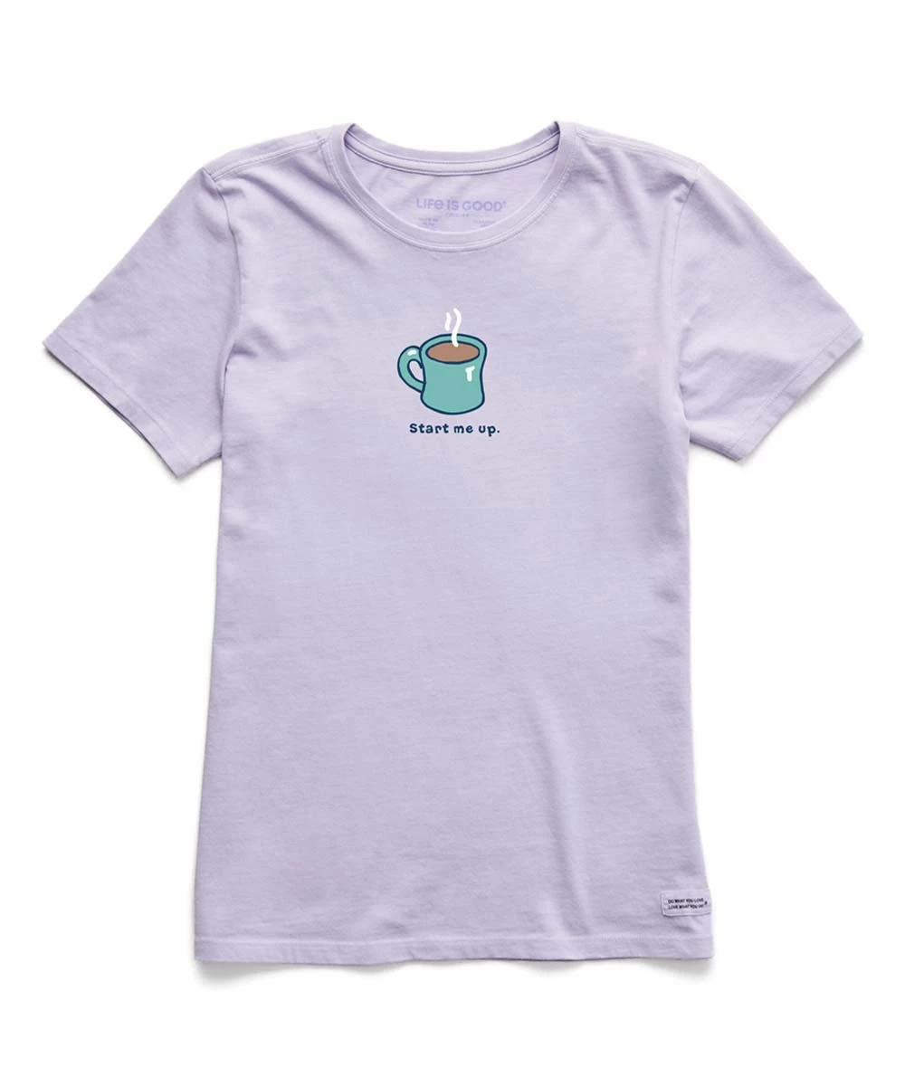 Outlet 👍 Life Is Good® Lilac Purple 'Start Me Up' Coffee Crewneck Tee - 👩 Women & Plus 🛒 1 Outlet 👍 Life Is Good® Lilac Purple 'Start Me Up' Coffee Crewneck Tee - 👩 Women & Plus 🛒