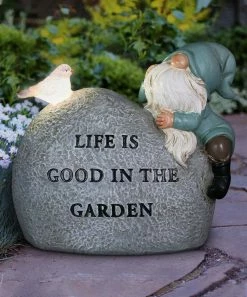 Promo 🌟 Exhart Teal 'Life Is Good' Solar Gnome Garden Stone 😀