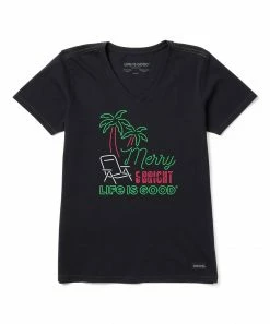 Flash Sale 🥰 Life Is Good® Jet Black 'Merry & Bright' Neon Crusher V-Neck Tee - 👩 Women 🔔