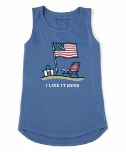 Wholesale 😉 Life Is Good® Vintage Blue 'I Like It Here' Crusher Hi-Low Tank - 👩 Women 😉