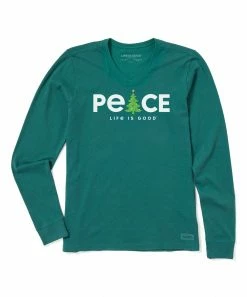 Buy 👍 Life Is Good® Spruce Green 'Peace' 🎄 Christmas Crusher V-Neck Long-Sleeve Tee - 👩 Women 🔔
