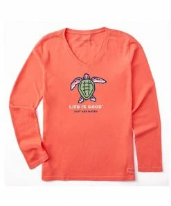 Deals 🧨 Life Is Good® Mango Orange 'Just Add Water' Turtle V-Neck Long-Sleeve Tee - 👩 Women 💯