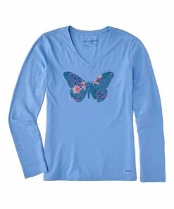 Flash Sale ❤️ Life Is Good® Cornflower Blue Floral Butterfly V-Neck Long-Sleeve Tee - Plus 🎉