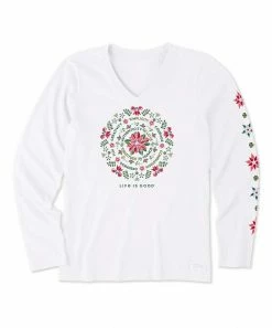 Best deal 😍 Life Is Good® Cloud White & Red Poinsettia Mandala V-Neck Long-Sleeve Top - 👩 Women 😀