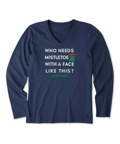Top 10 🛒 Life Is Good® Darkest Blue 'Who Needs Mistletoe' V-Neck Long-Sleeve Top - 👩 Women & Plus 🥰