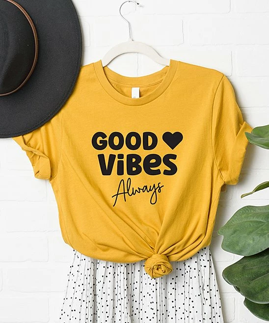 Coupon 😍 Simply Sage Market Mustard & Black 'Good Vibes Always' Heart Crewneck Tee - 👩 Women 🥰 1 Coupon 😍 Simply Sage Market Mustard & Black 'Good Vibes Always' Heart Crewneck Tee - 👩 Women 🥰